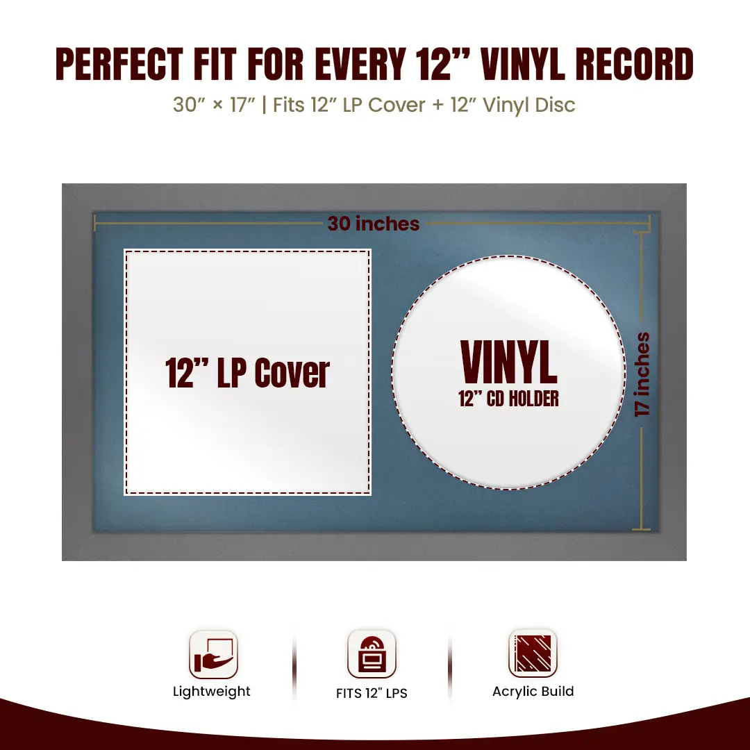 30x17" Modern Dark Grey Vinyl Record Frame With Pompador Mount | For 12" LP Cover and Disc Side By Side Display thumbnail 3