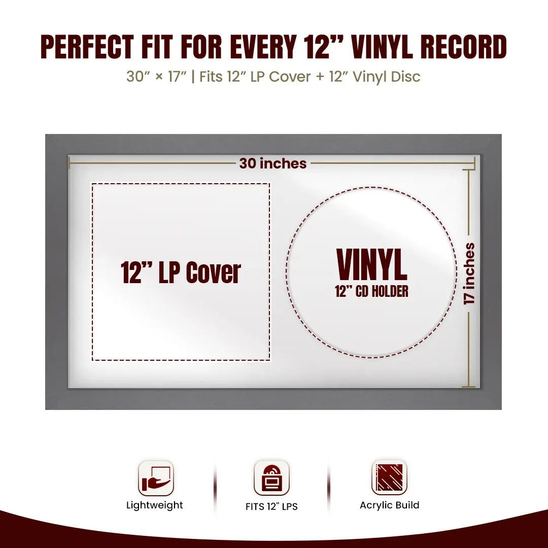 30x17" Modern Dark Grey Vinyl Record Frame With Ice White Mount | For 12" LP Cover and Disc Side By Side Display thumbnail 3