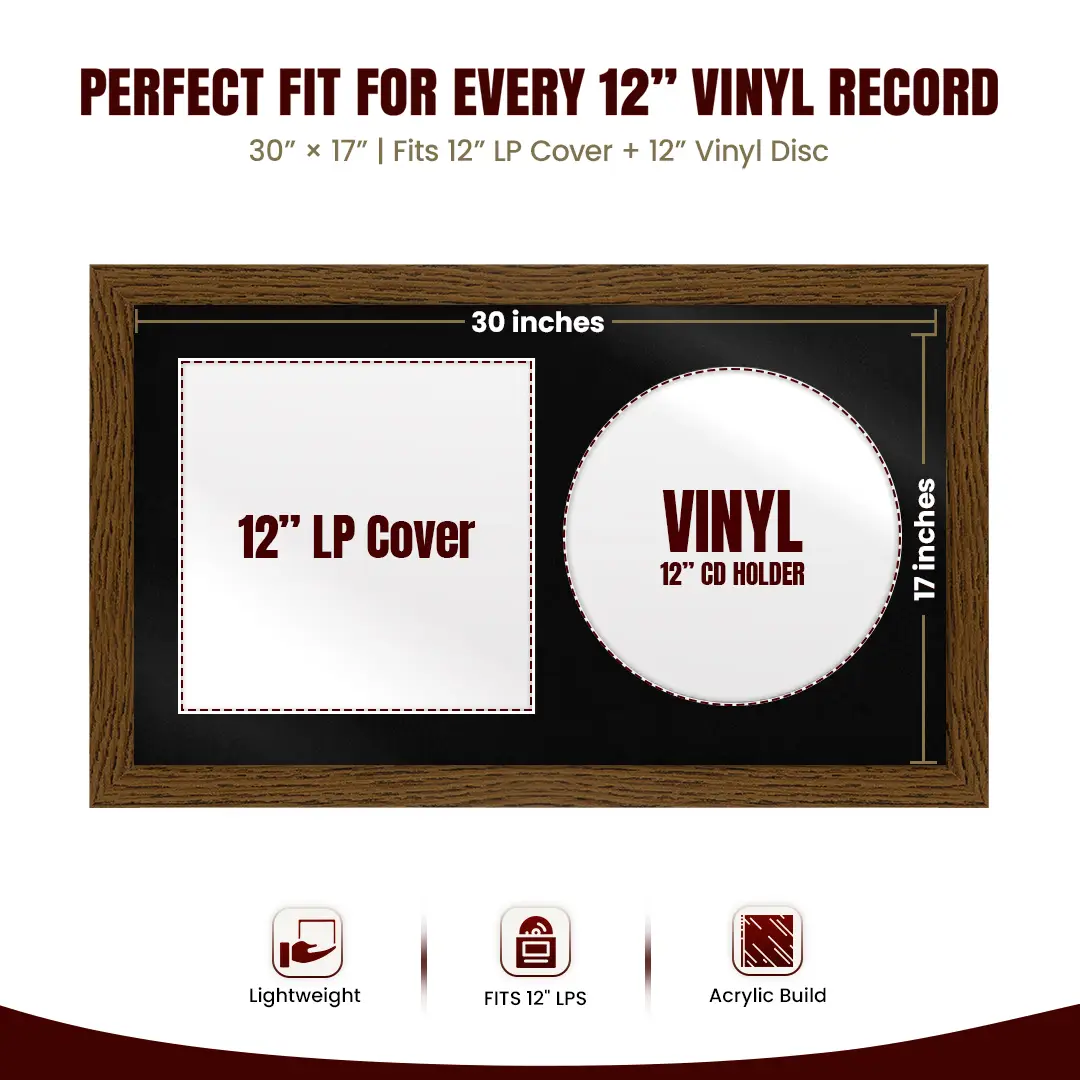 30x17" Modern Dark Oak Vinyl Record Frame With Black Mount | Displays 12" LP Cover & Disc Side by Side thumbnail 3