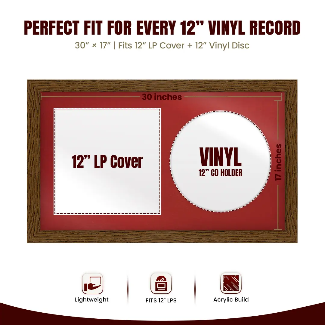 30x17" Modern Dark Oak Vinyl Record Frame With Crimson Mount | For 12" LP Cover and Disc Side By Side Display thumbnail 3