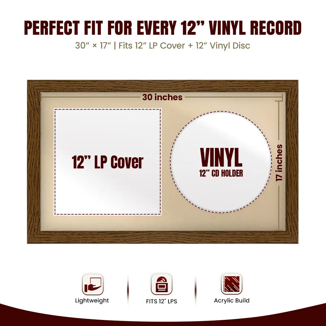 30x17" Modern Dark Oak Vinyl Record Frame With Ivory Mount | For 12" LP Cover and Disc Side By Side Display thumbnail 3