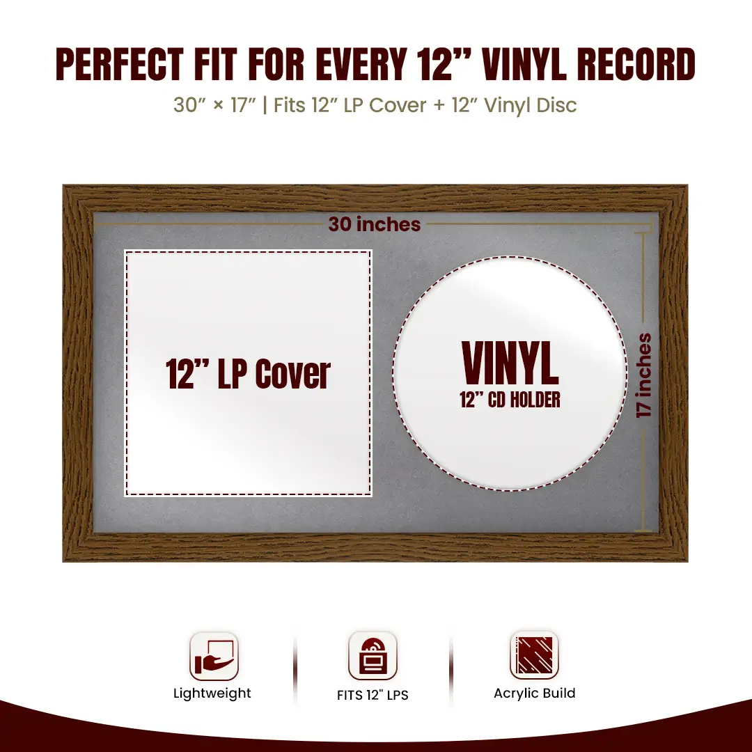 30x17" Modern Dark Oak Vinyl Record Frame With Mid Grey Mount | Displays 12" LP Cover & Disc Side by Side thumbnail 3