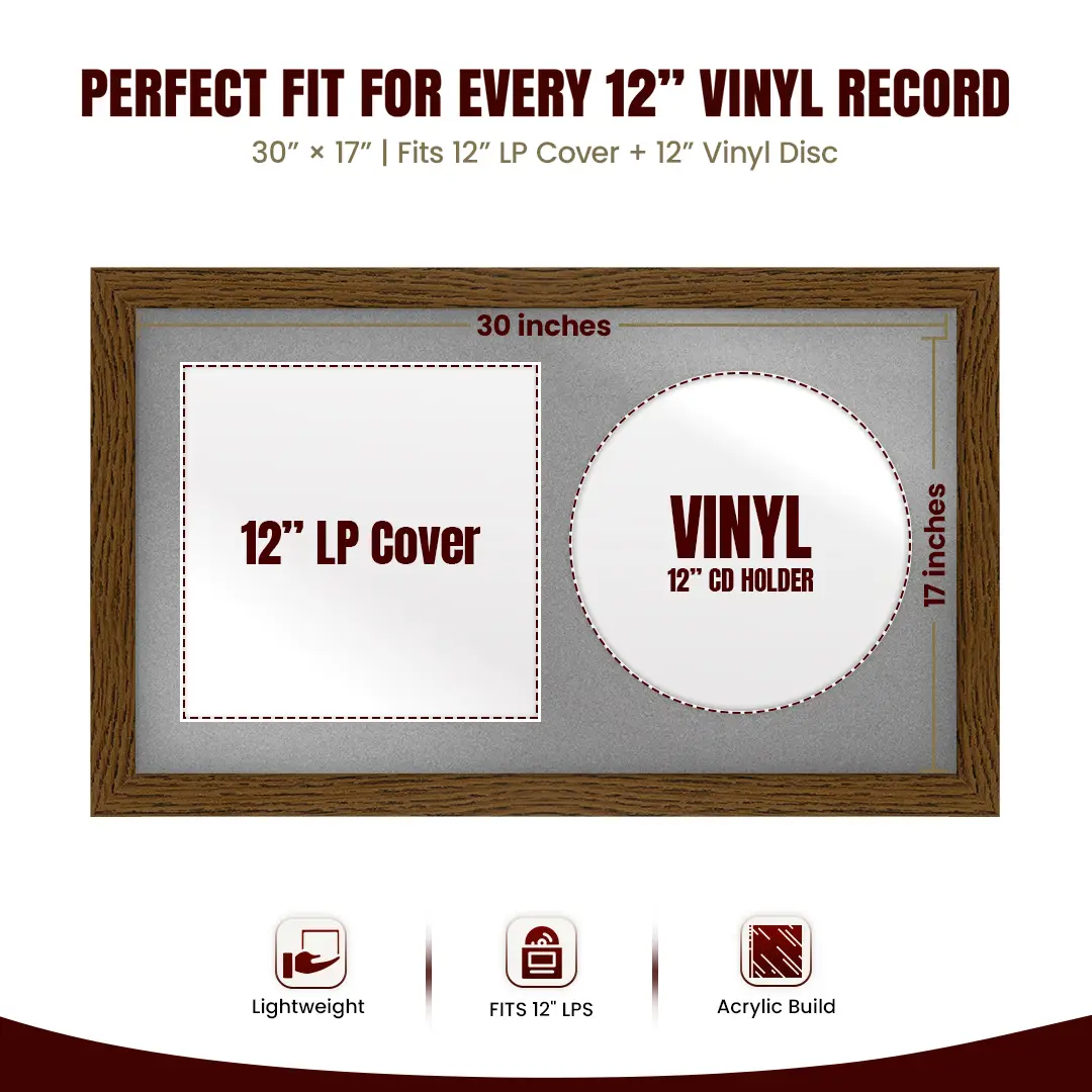 30x17" Modern Dark Oak Vinyl Record Frame With Silver Mount | For 12" LP Cover and Disc Side By Side Display thumbnail 3