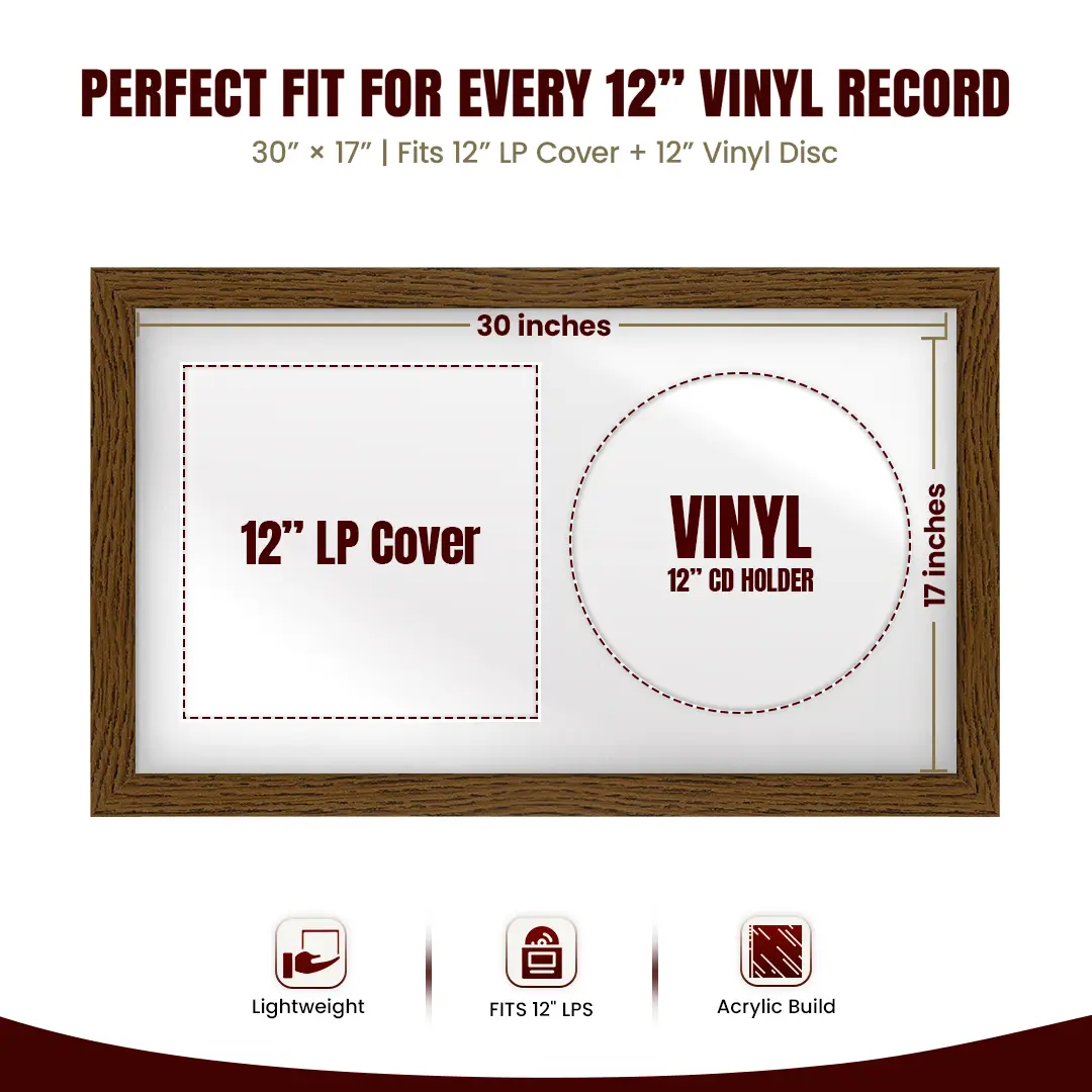 30x17" Modern Dark Oak Vinyl Record Frame With Ice White Mount | Displays 12" LP Cover & Disc Side by Side thumbnail 3