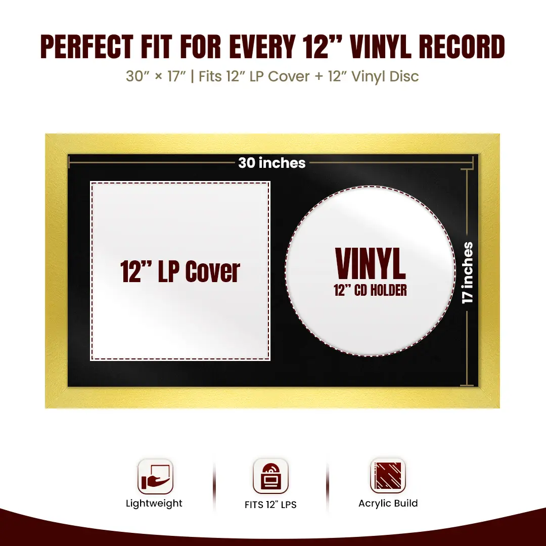 30x17" Modern Gold Vinyl Record Frame With Black Mount | Displays 12" LP Cover & Disc Side by Side thumbnail 3