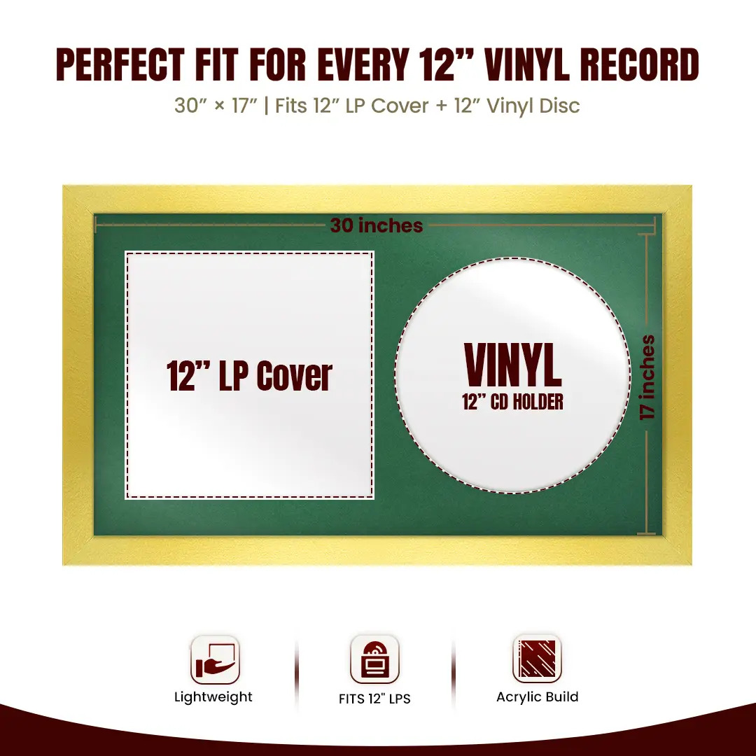 30x17" Modern Gold Vinyl Record Frame With Emerald (Green) Mount | For 12" LP Cover and Disc Side By Side Display thumbnail 3
