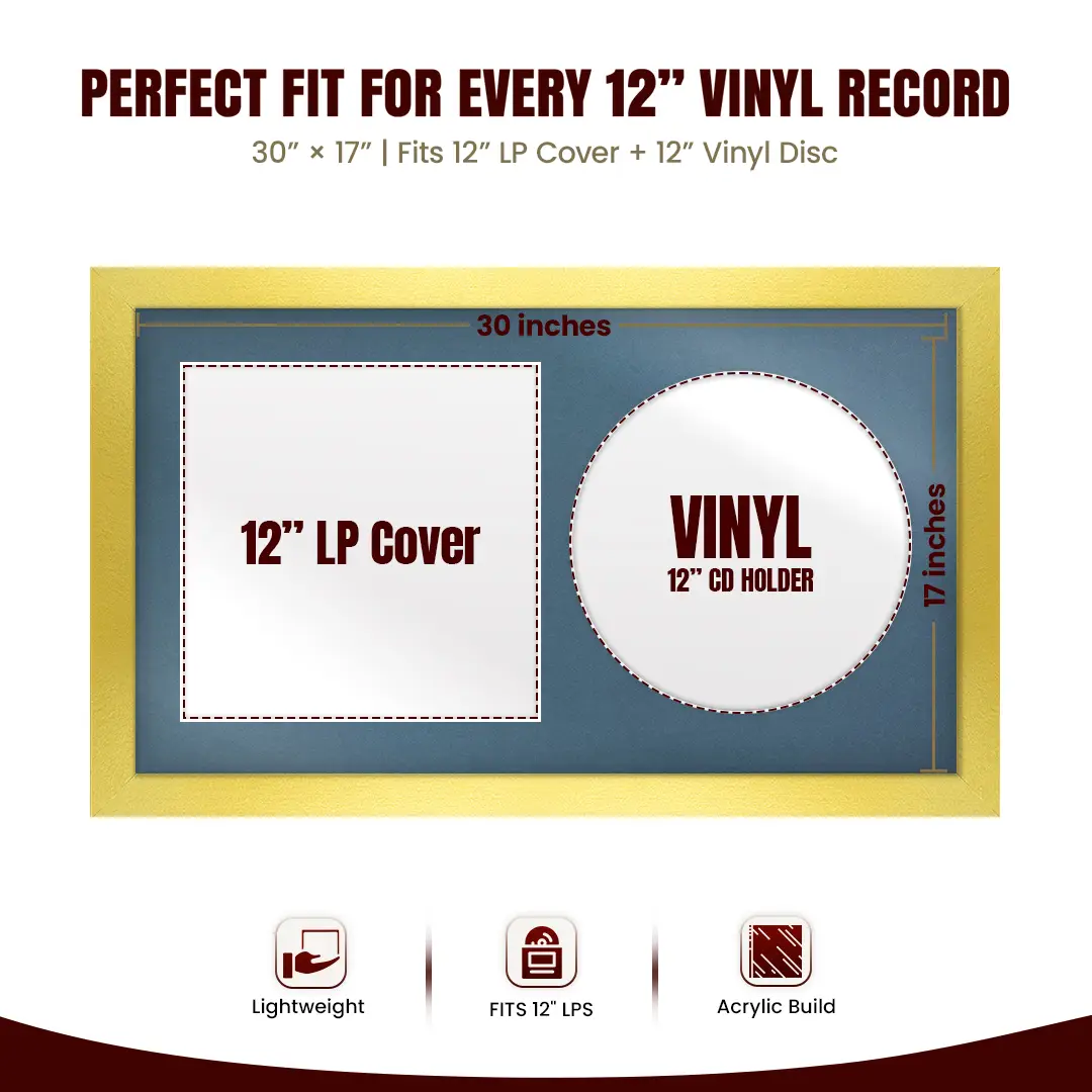 30x17" Modern Gold Vinyl Record Frame With Pompador Mount | Side by Side 12" LP Cover & Disc Display thumbnail 3