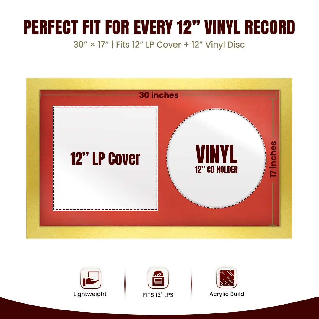 30x17" Modern Gold Vinyl Record Frame With Poppy Red Mount | Side by Side 12" LP Cover & Disc Display thumbnail 3