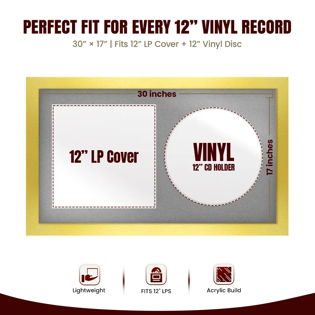 30x17" Modern Gold Vinyl Record Frame With Silver Mount | Displays 12" LP Cover & Disc Side by Side thumbnail 3