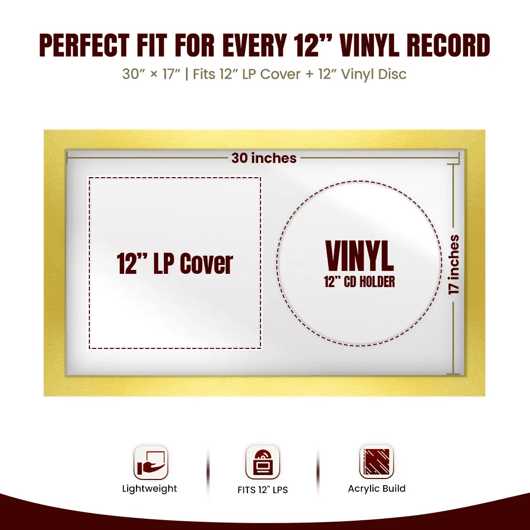 30x17" Modern Gold Vinyl Record Frame With Ice White Mount | For 12" LP Cover and Disc Side By Side Display thumbnail 3