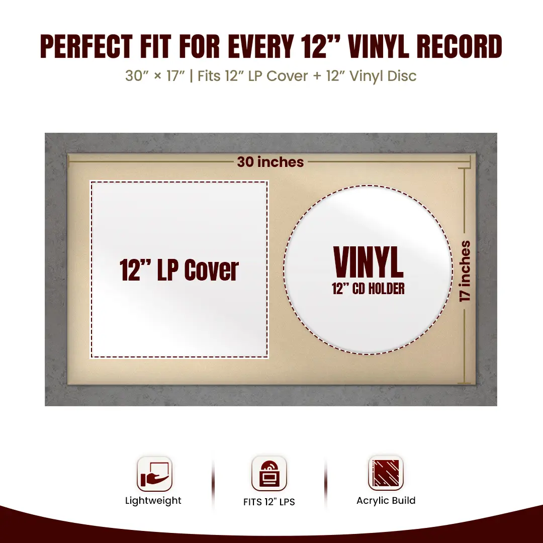 30x17" Modern Grey Marble Vinyl Record Frame With Ivory Mount | Displays 12" LP Cover & Disc Side by Side thumbnail 3