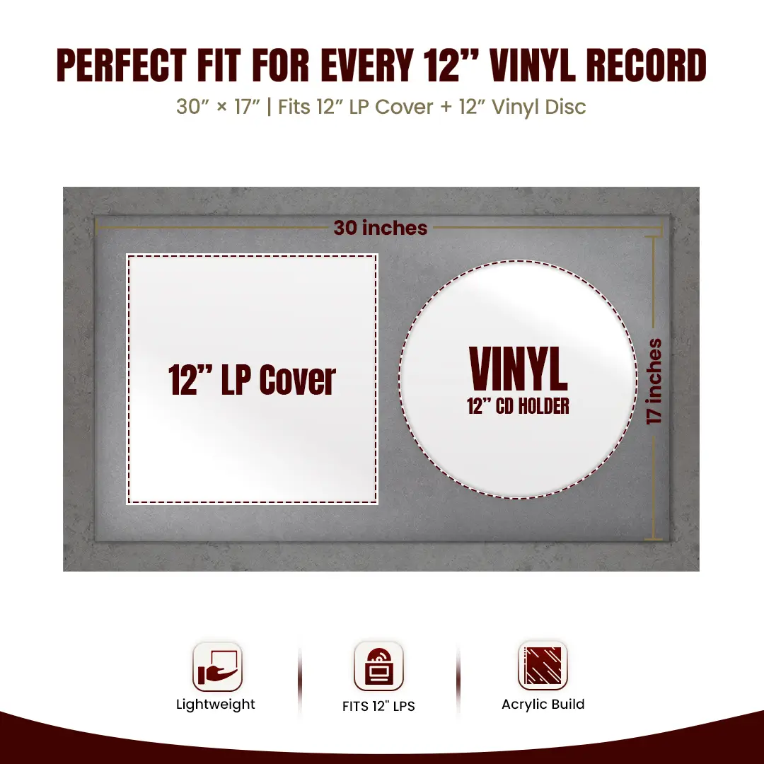 30x17" Modern Grey Marble Vinyl Record Frame With Mid Grey Mount | Side by Side 12" LP Cover & Disc Display thumbnail 3