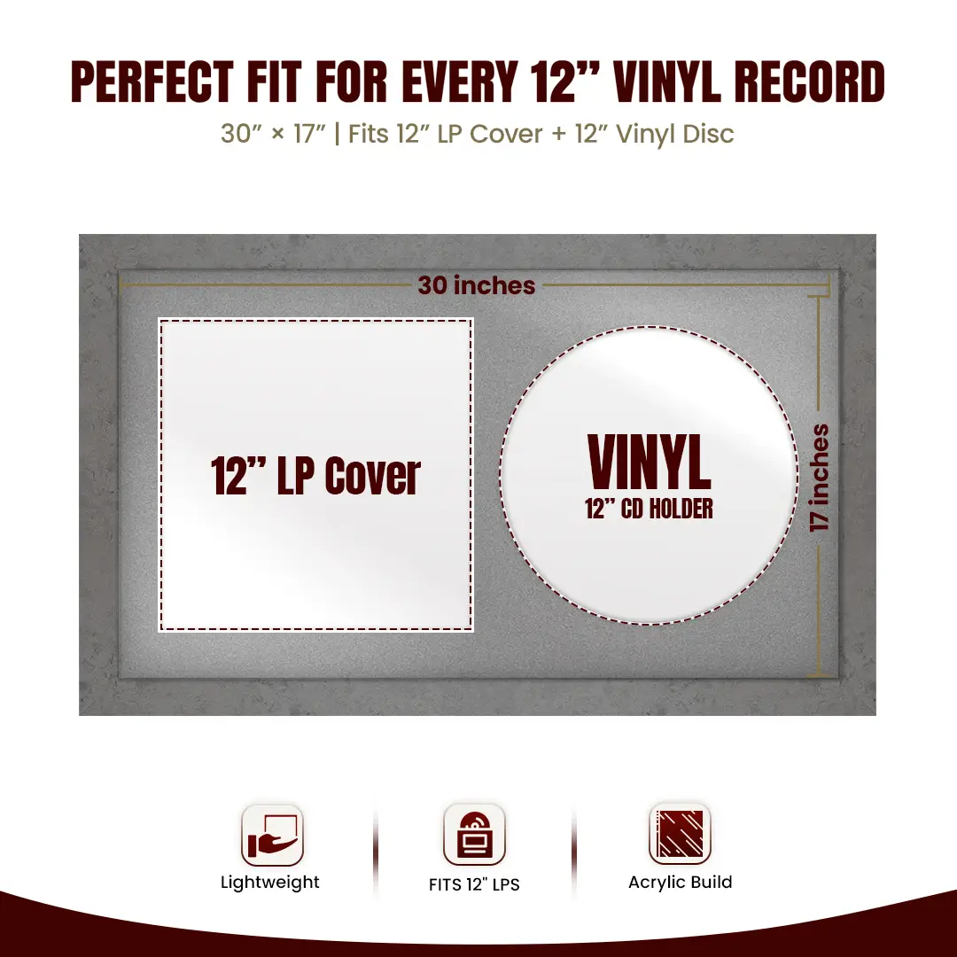 30x17" Modern Grey Marble Vinyl Record Frame With Silver Mount | Side by Side 12" LP Cover & Disc Display thumbnail 3