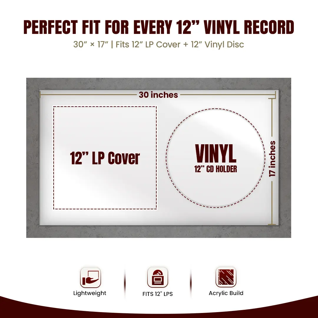 30x17" Modern Grey Marble Vinyl Record Frame With Ice White Mount | For 12" LP Cover and Disc Side By Side Display thumbnail 3