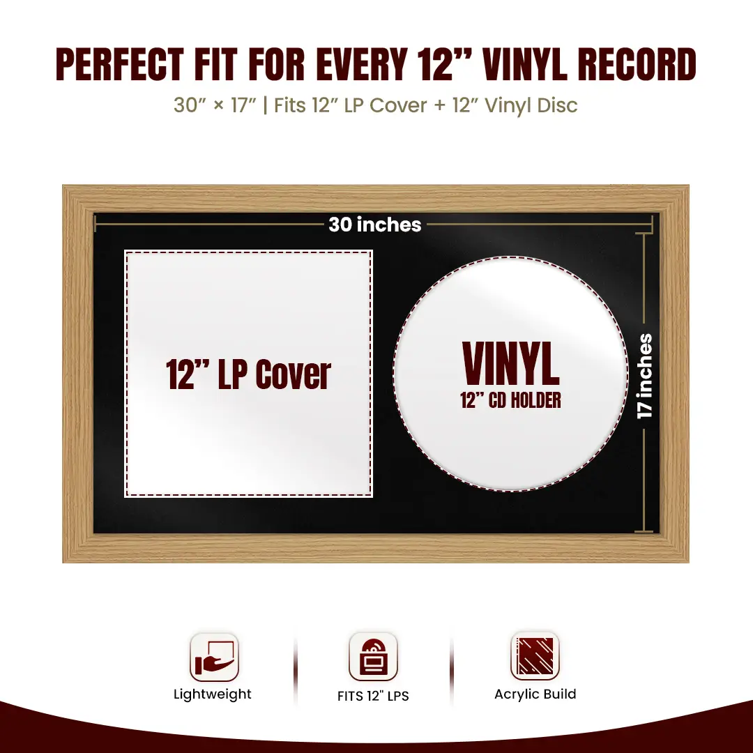 30x17" Modern Light Oak Vinyl Record Frame With Black Mount | For 12" LP Cover and Disc Side By Side Display thumbnail 3