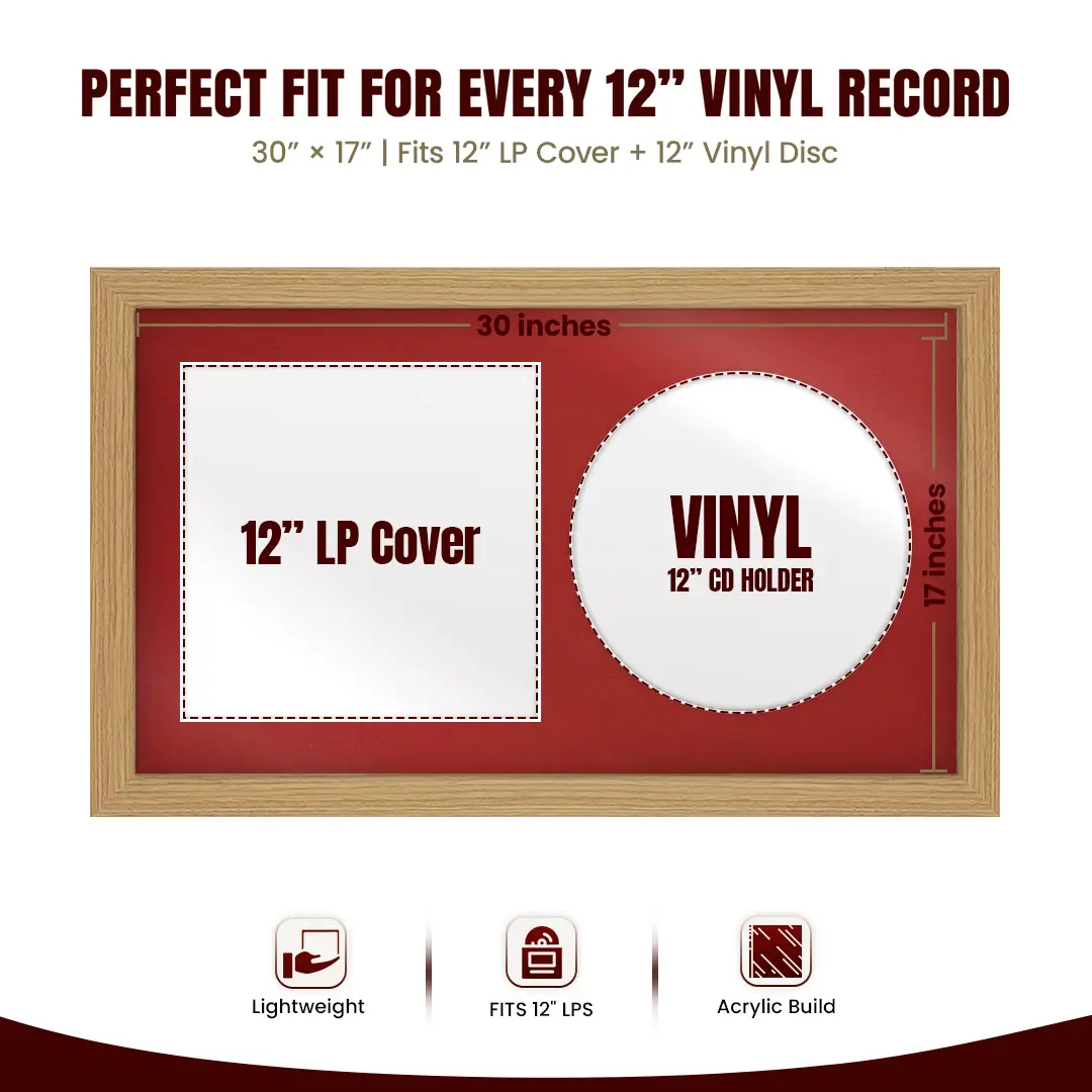 30x17" Modern Light Oak Vinyl Record Frame With Crimson Mount | Side by Side 12" LP Cover & Disc Display thumbnail 3