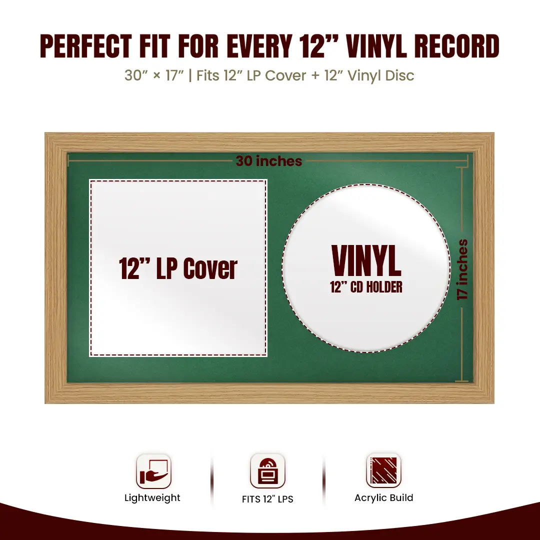 30x17" Modern Light Oak Vinyl Record Frame With Emerald (Green) Mount | Side by Side 12" LP Cover & Disc Display thumbnail 3