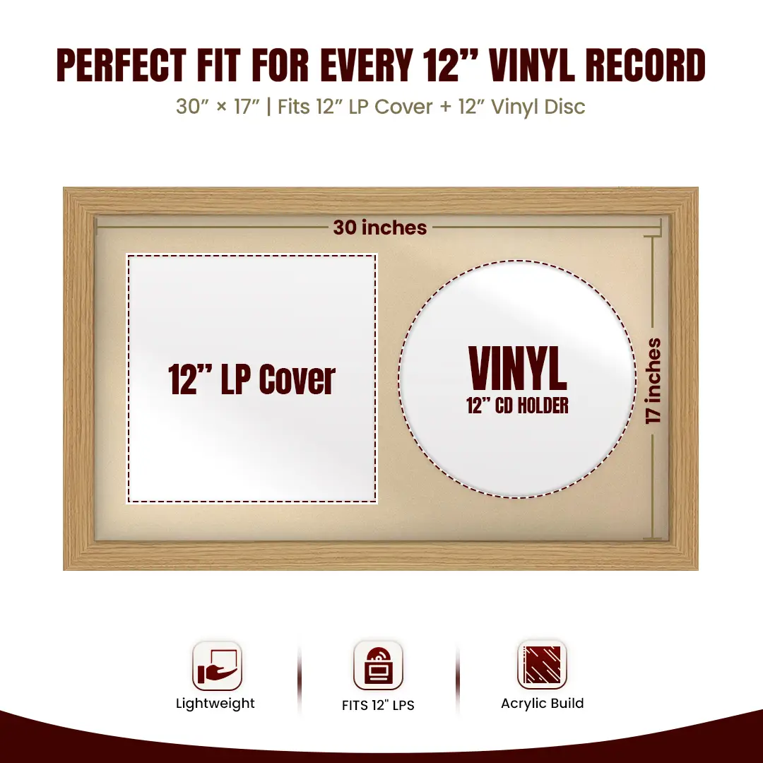 30x17" Modern Light Oak Vinyl Record Frame With Ivory Mount | Side by Side 12" LP Cover & Disc Display thumbnail 3