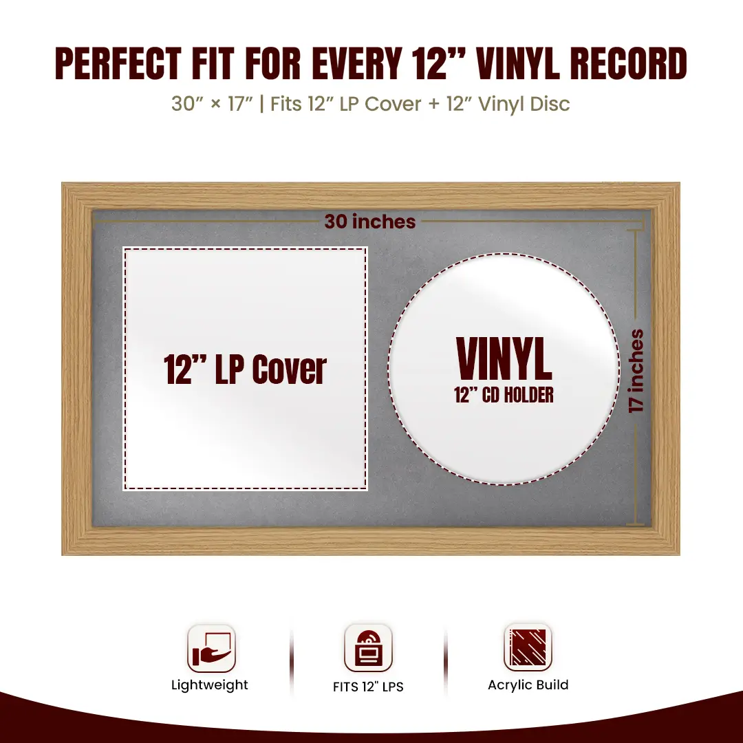 30x17" Modern Light Oak Vinyl Record Frame With Mid Grey Mount | Displays 12" LP Cover & Disc Side by Side thumbnail 3