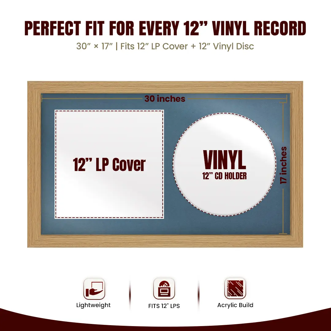 30x17" Modern Light Oak Vinyl Record Frame With Pompador Mount | Side by Side 12" LP Cover & Disc Display thumbnail 3