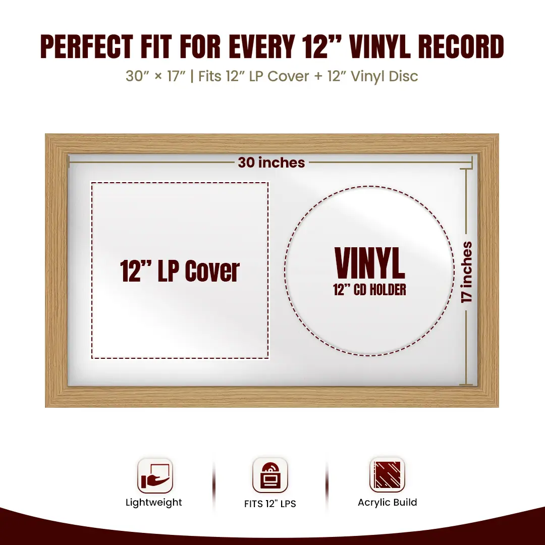 30x17" Modern Light Oak Vinyl Record Frame With Ice White Mount | For 12" LP Cover and Disc Side By Side Display thumbnail 3