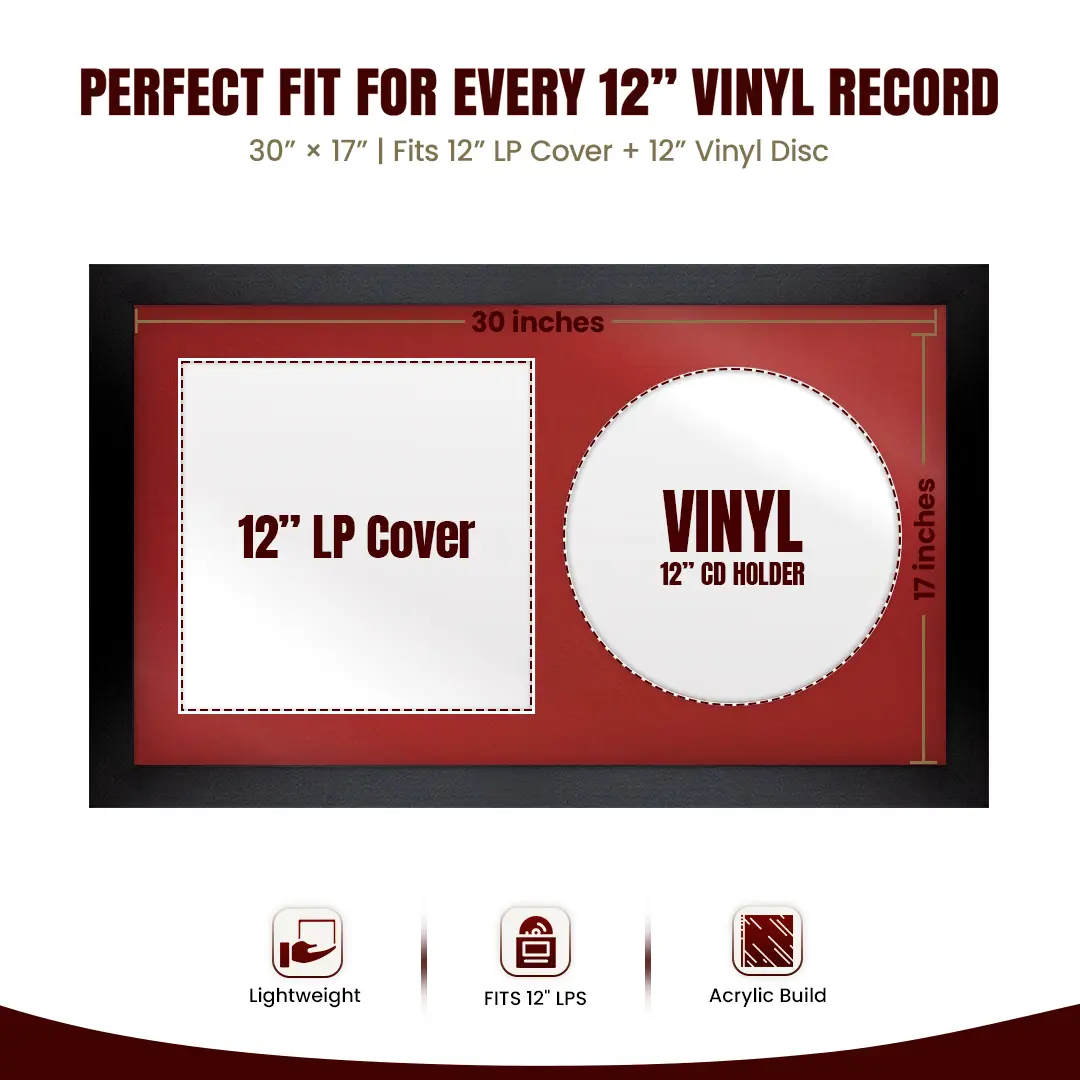 30x17" Modern Matte Black Vinyl Record Frame With Crimson Mount | Side by Side 12" LP Cover & Disc Display thumbnail 3