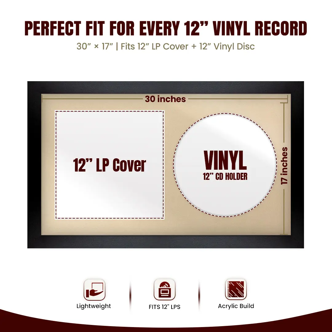 30x17" Modern Matte Black Vinyl Record Frame With Ivory Mount | For 12" LP Cover and Disc Side By Side Display thumbnail 3