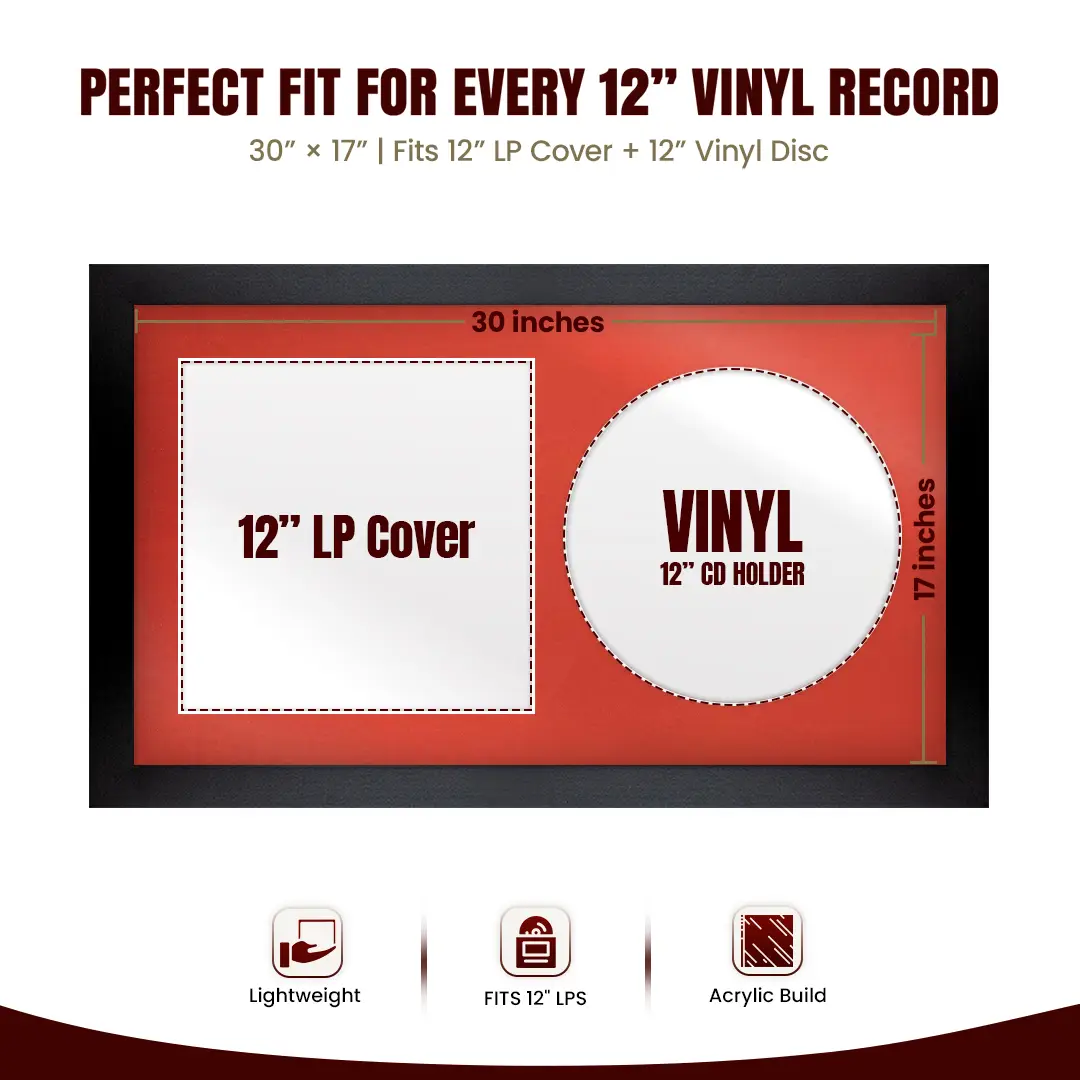 30x17" Modern Matte Black Vinyl Record Frame With Poppy Red Mount | For 12" LP Cover and Disc Side By Side Display thumbnail 3