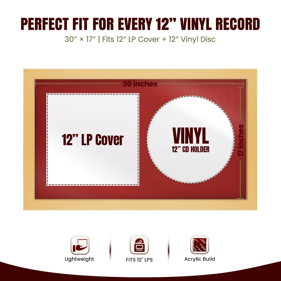 30x17" Modern Mustard Yellow Vinyl Record Frame With Crimson Mount | For 12" LP Cover and Disc Side By Side Display thumbnail 3