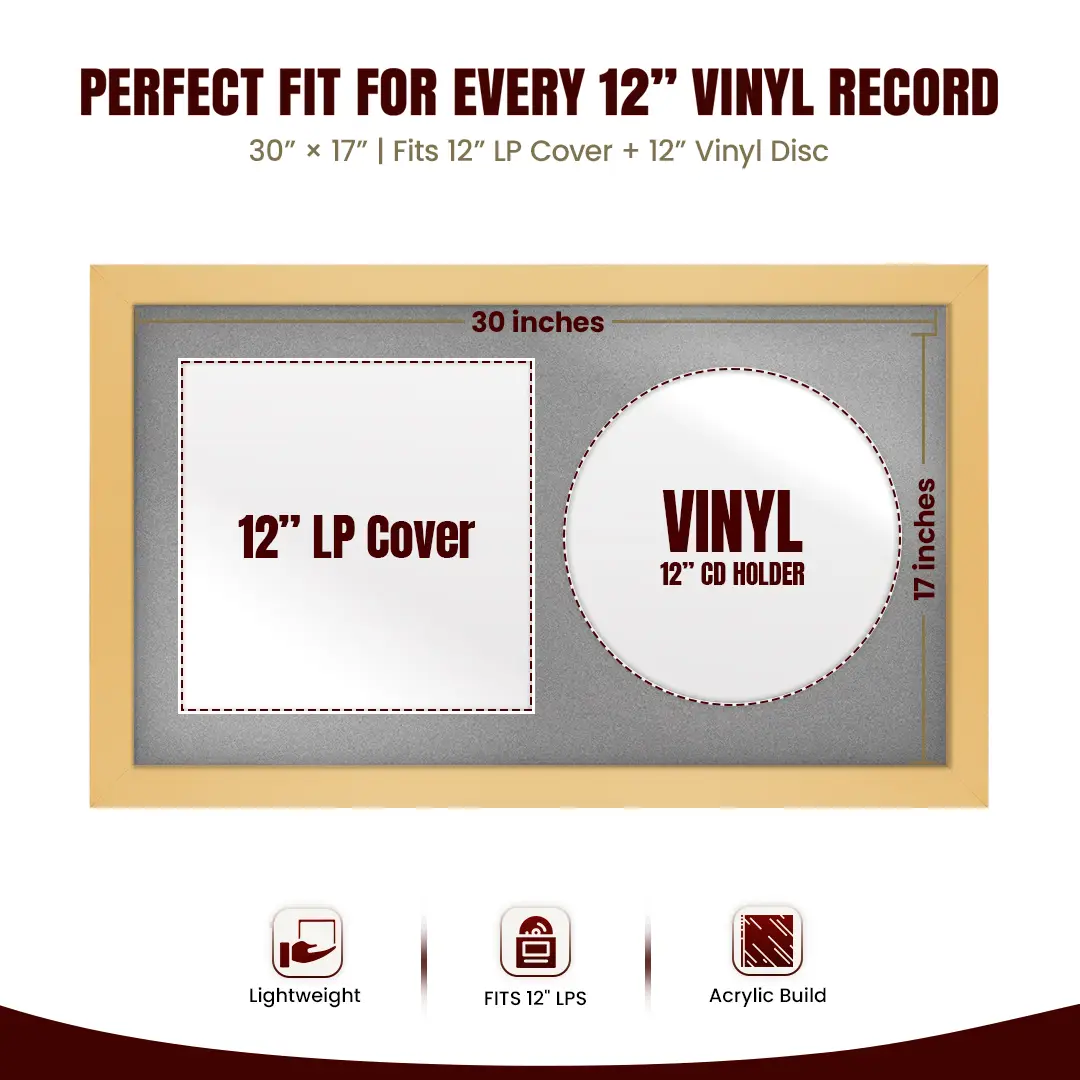 30x17" Modern Mustard Yellow Vinyl Record Frame With Silver Mount | Side by Side 12" LP Cover & Disc Display thumbnail 3