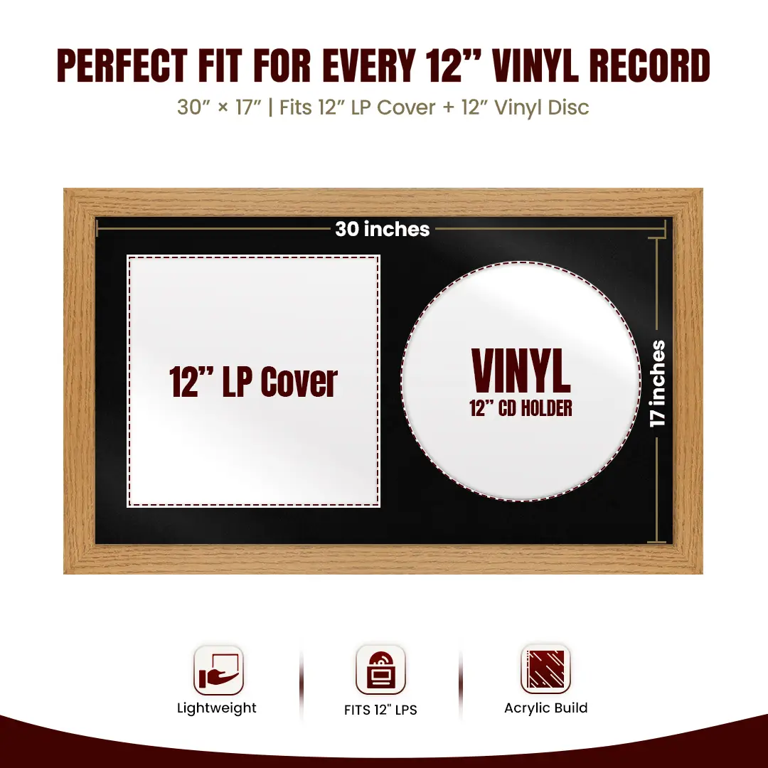 30x17" Modern Oak Vinyl Record Frame With Black Mount | Side by Side 12" LP Cover & Disc Display thumbnail 3