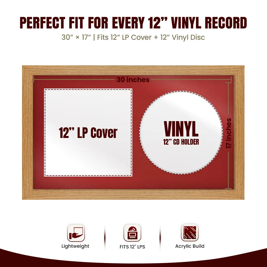 30x17" Modern Oak Vinyl Record Frame With Crimson Mount | Side by Side 12" LP Cover & Disc Display thumbnail 3