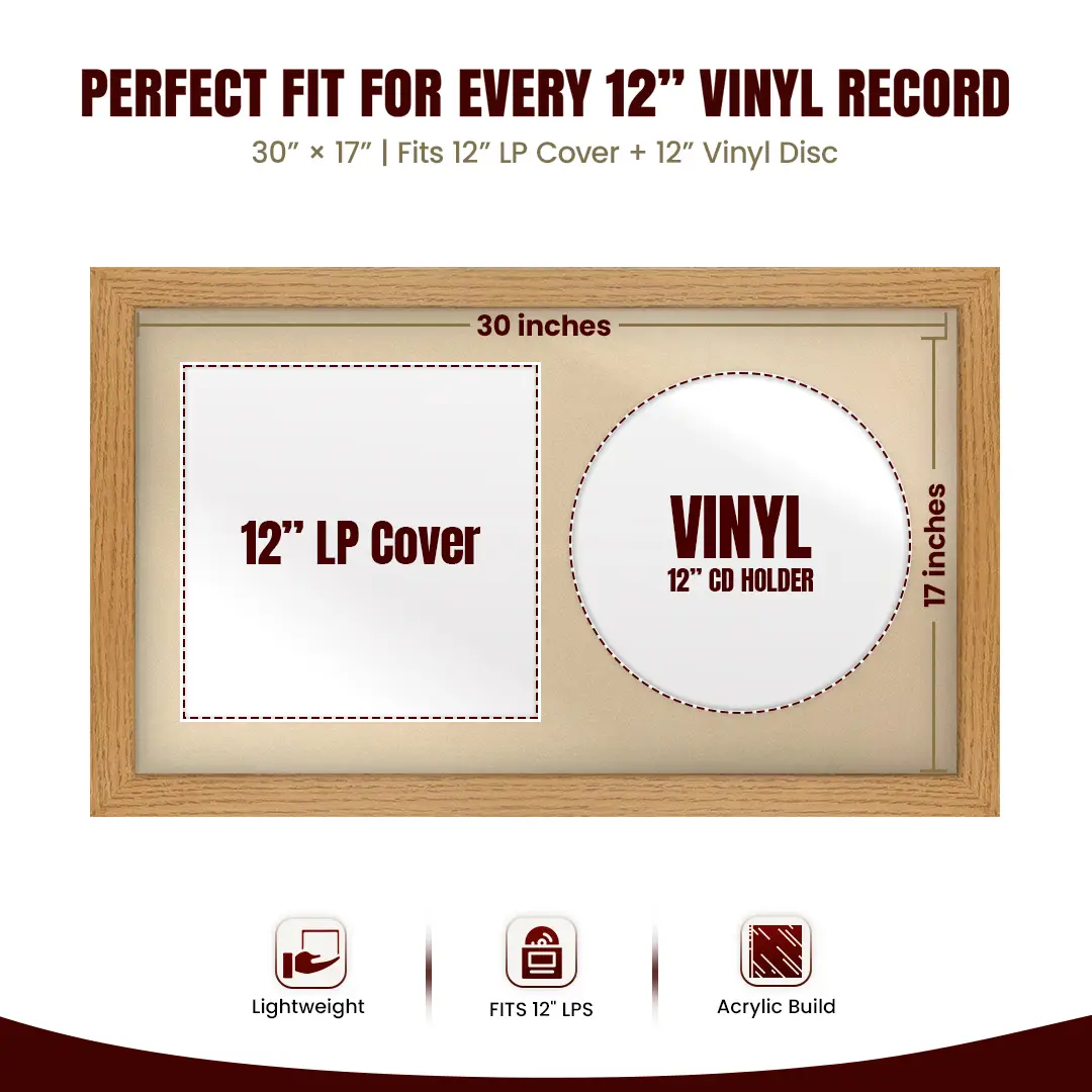 30x17" Modern Oak Vinyl Record Frame With Ivory Mount | Displays 12" LP Cover & Disc Side by Side thumbnail 3