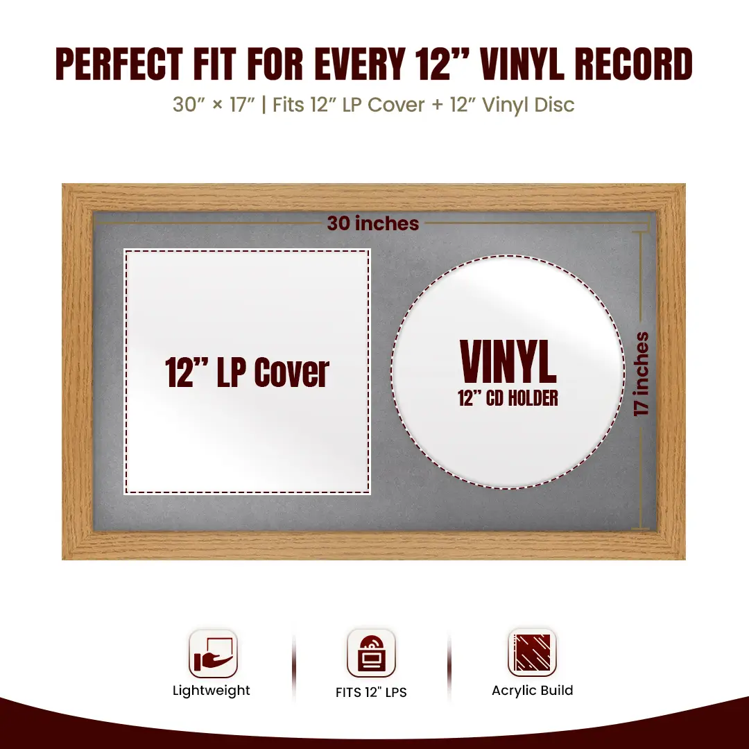 30x17" Modern Oak Vinyl Record Frame With Mid Grey Mount | For 12" LP Cover and Disc Side By Side Display thumbnail 3