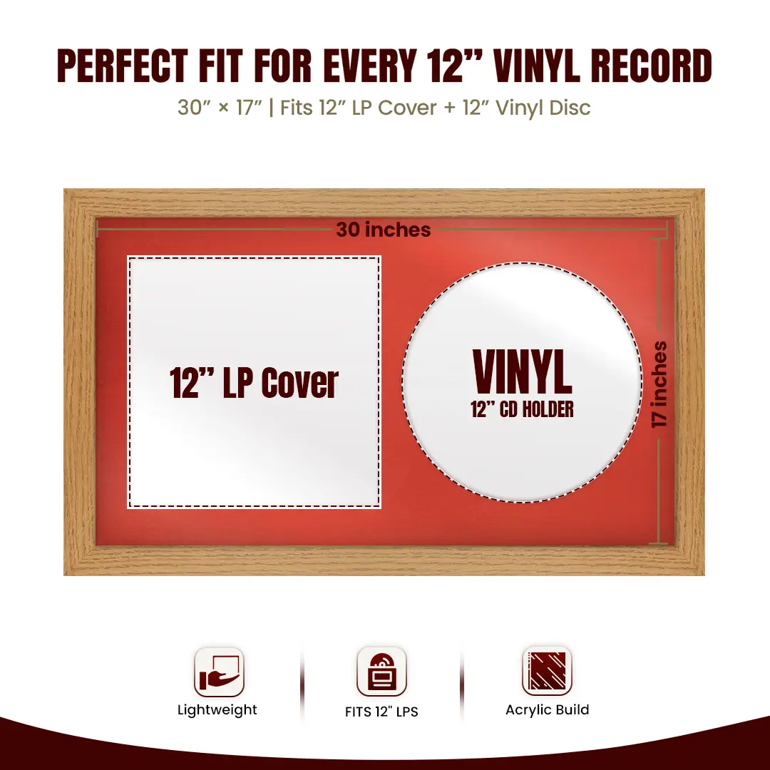 30x17" Modern Oak Vinyl Record Frame With Poppy Red Mount | Displays 12" LP Cover & Disc Side by Side thumbnail 3