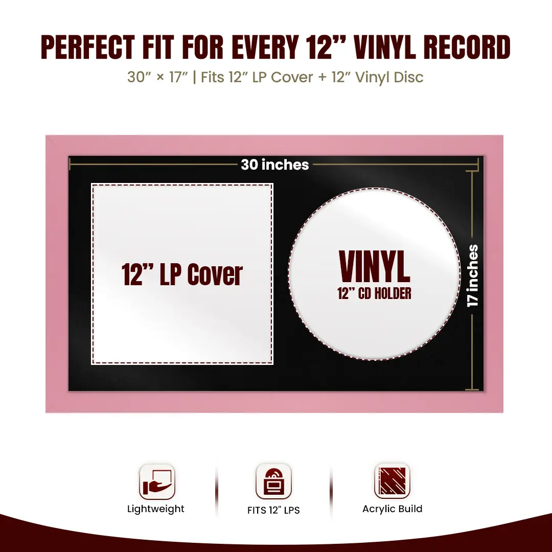30x17" Modern Pastel Pink Vinyl Record Frame With Black Mount | Side by Side 12" LP Cover & Disc Display thumbnail 3