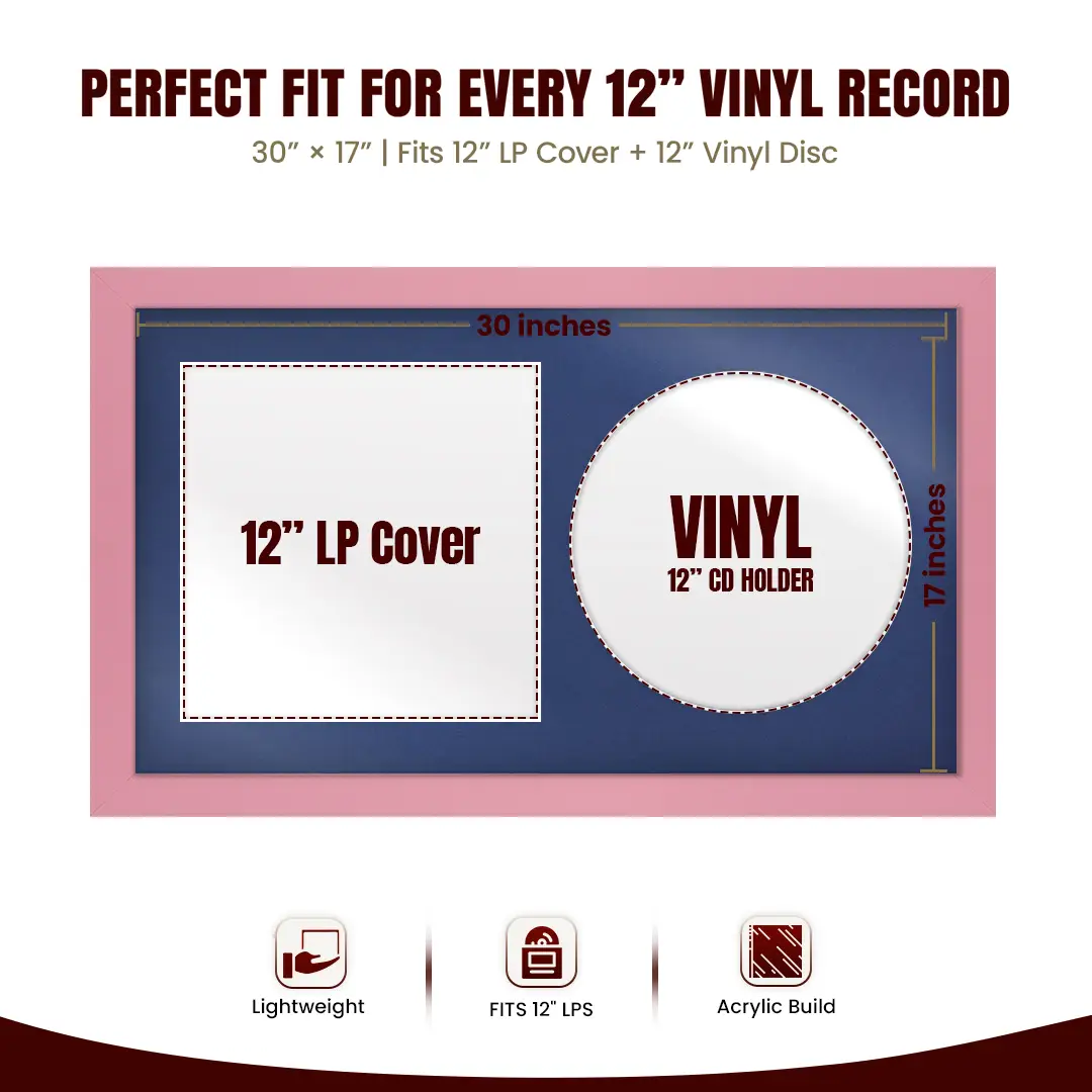 30x17" Modern Pastel Pink Vinyl Record Frame With Blue Mount | Displays 12" LP Cover & Disc Side by Side thumbnail 3