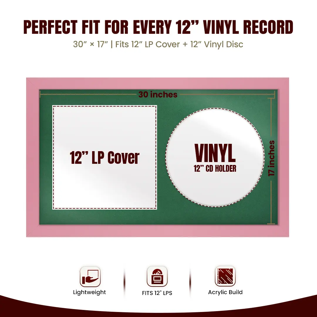 30x17" Modern Pastel Pink Vinyl Record Frame With Emerald (Green) Mount | Side by Side 12" LP Cover & Disc Display thumbnail 3