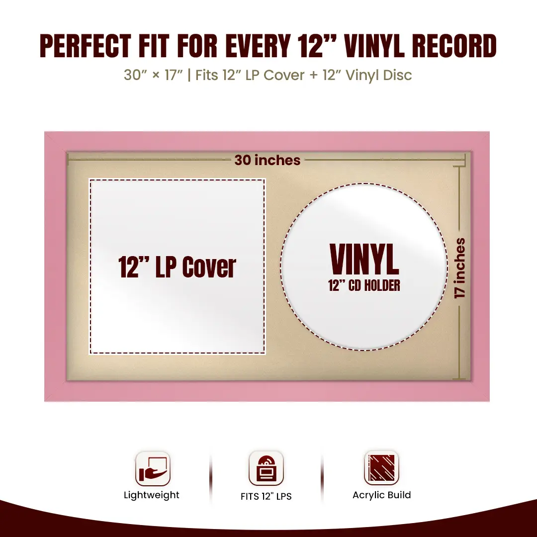 30x17" Modern Pastel Pink Vinyl Record Frame With Ivory Mount | Side by Side 12" LP Cover & Disc Display thumbnail 3