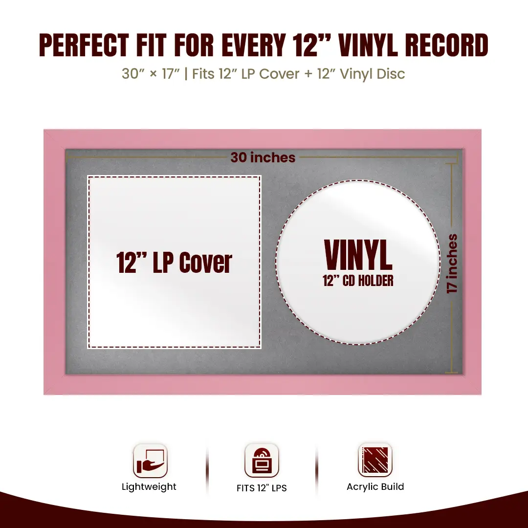 30x17" Modern Pastel Pink Vinyl Record Frame With Mid Grey Mount | Displays 12" LP Cover & Disc Side by Side thumbnail 3
