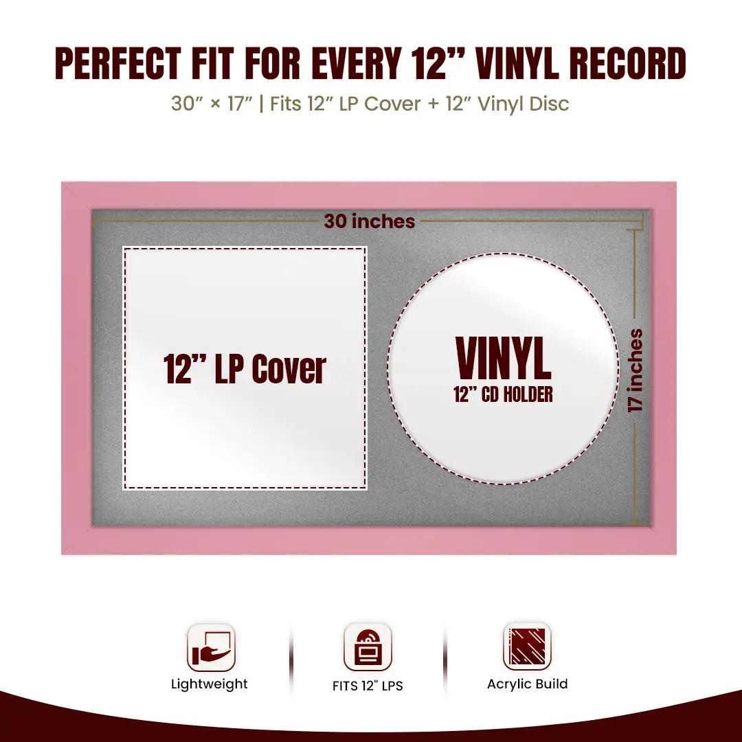 30x17" Modern Pastel Pink Vinyl Record Frame With Silver Mount | Side by Side 12" LP Cover & Disc Display thumbnail 3
