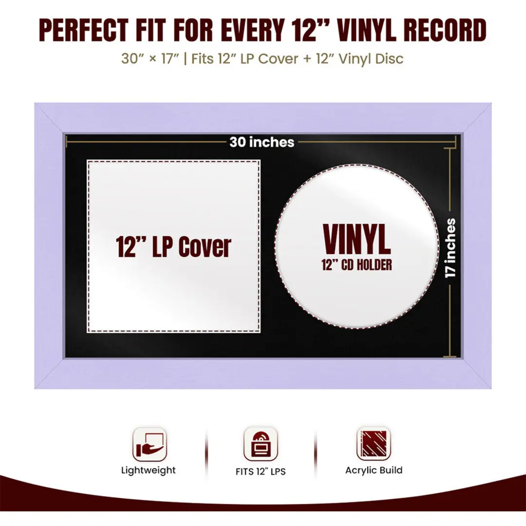 30x17" Modern Purple Vinyl Record Frame With Black Mount | For 12" LP Cover and Disc Side By Side Display thumbnail 3