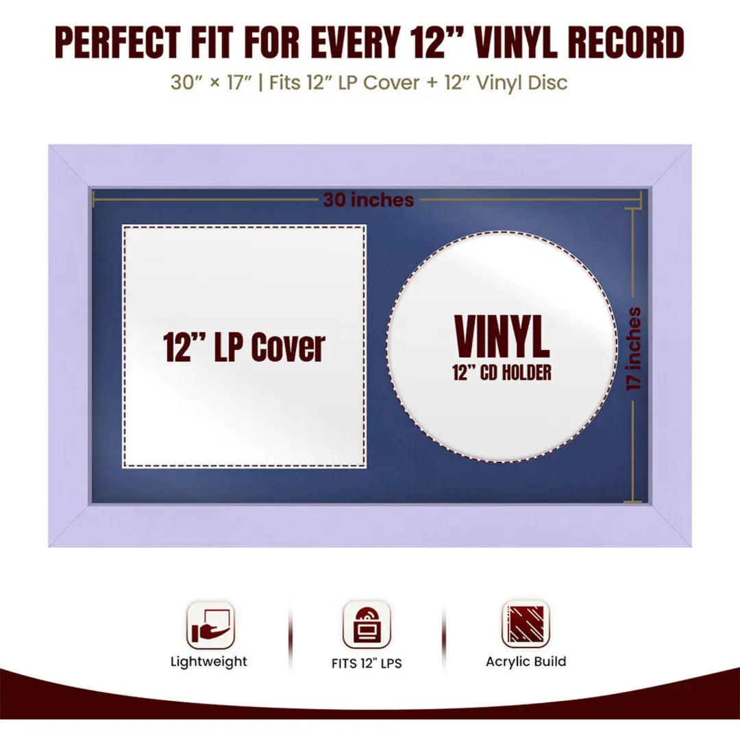 30x17" Modern Purple Vinyl Record Frame With Blue Mount | Displays 12" LP Cover & Disc Side by Side thumbnail 3