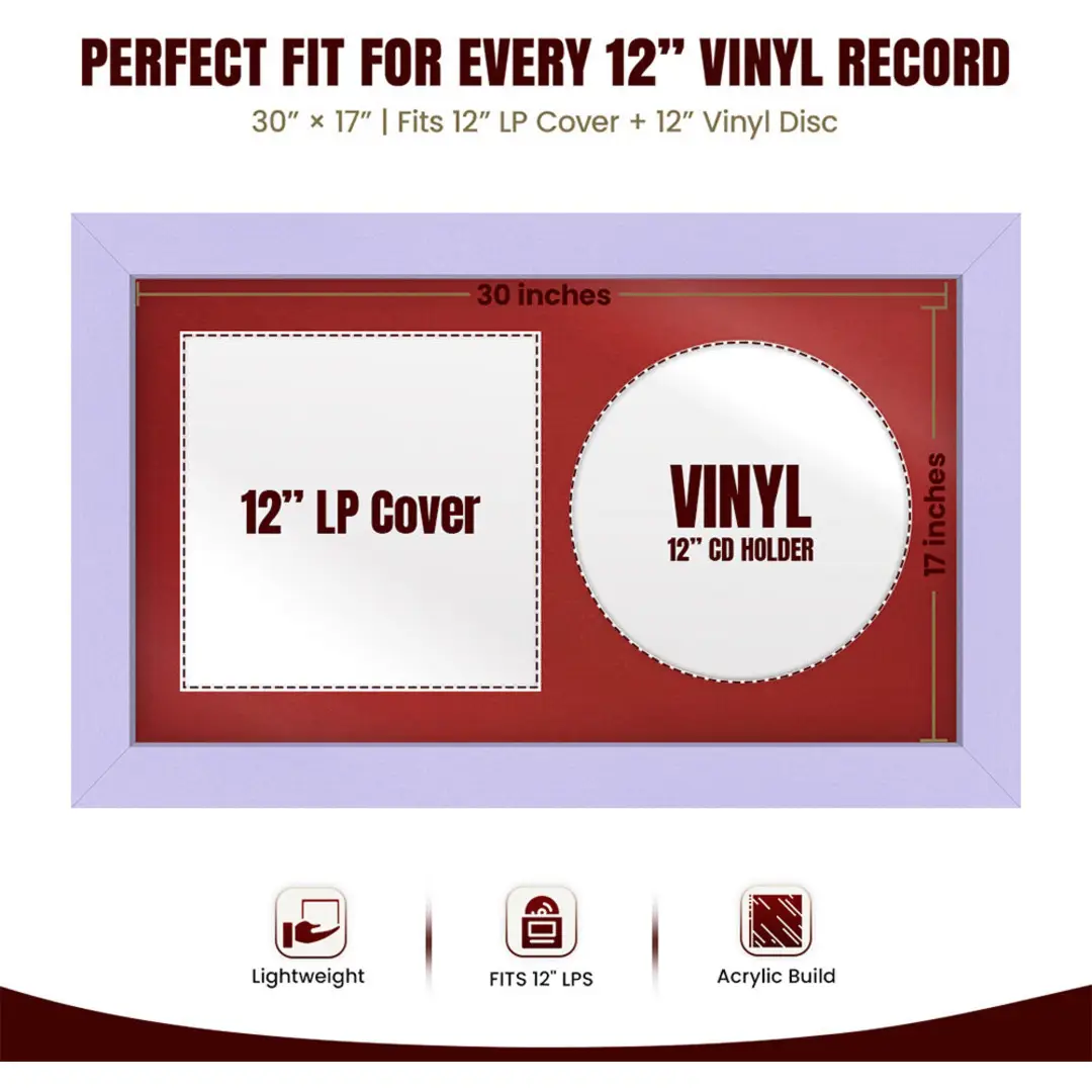30x17" Modern Purple Vinyl Record Frame With Crimson Mount | For 12" LP Cover and Disc Side By Side Display thumbnail 3