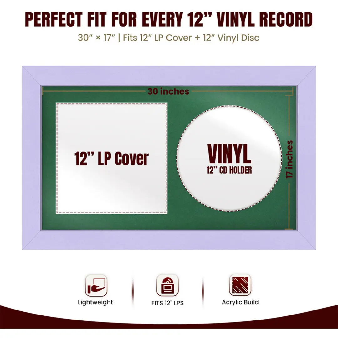 30x17" Modern Purple Vinyl Record Frame With Emerald (Green) Mount | For 12" LP Cover and Disc Side By Side Display thumbnail 3