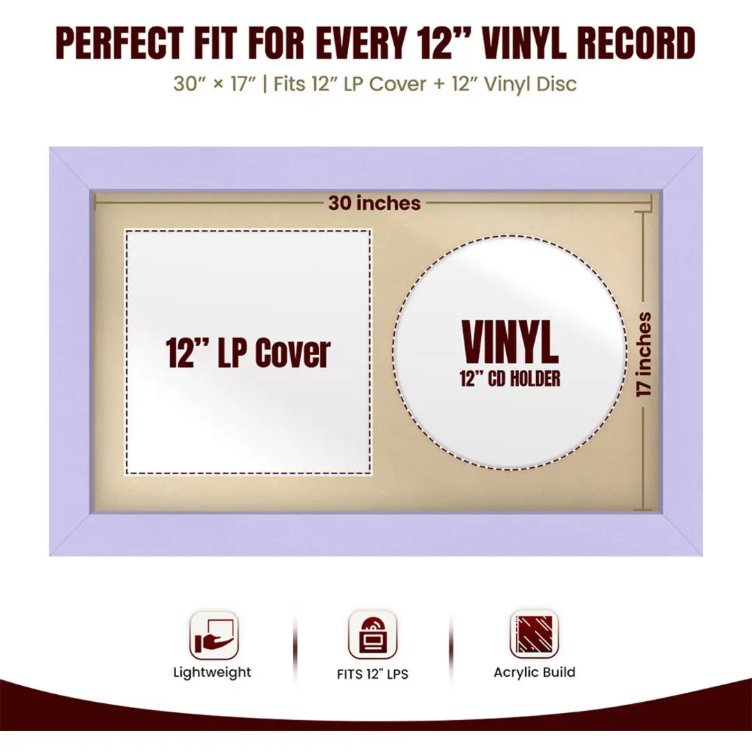 30x17" Modern Purple Vinyl Record Frame With Ivory Mount | Displays 12" LP Cover & Disc Side by Side thumbnail 3