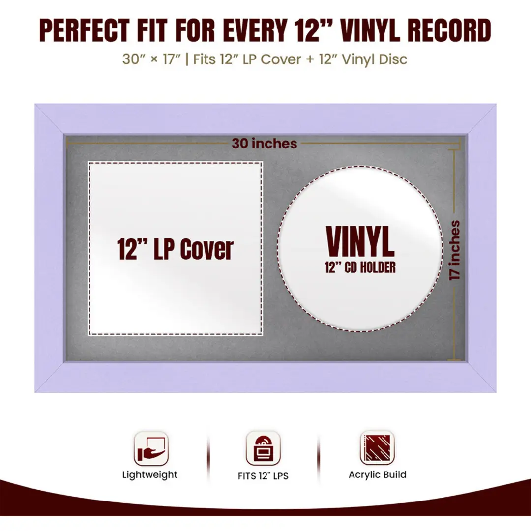 30x17" Modern Purple Vinyl Record Frame With Mid Grey Mount | Side by Side 12" LP Cover & Disc Display thumbnail 3