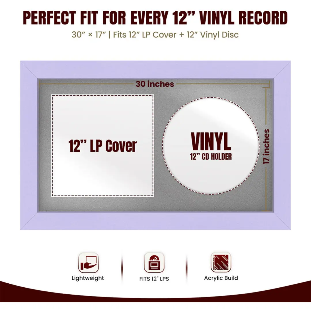 30x17" Modern Purple Vinyl Record Frame With Silver Mount | Displays 12" LP Cover & Disc Side by Side thumbnail 3