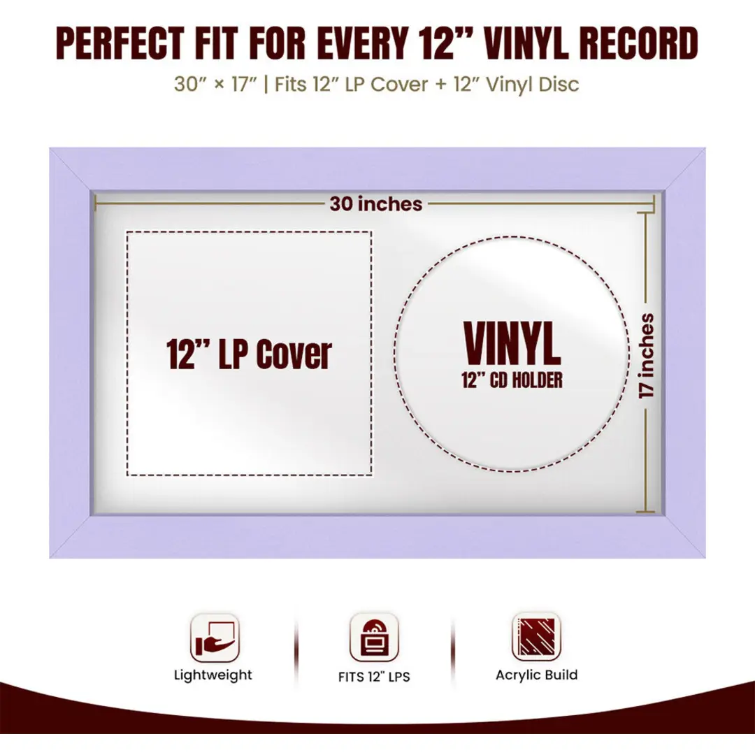 30x17" Modern Purple Vinyl Record Frame With Ice White Mount | Displays 12" LP Cover & Disc Side by Side thumbnail 3