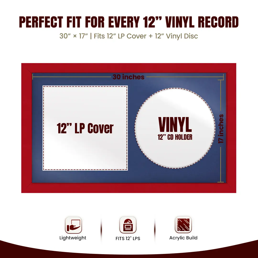 30x17" Modern Red Vinyl Record Frame With Blue Mount | Displays 12" LP Cover & Disc Side by Side thumbnail 3